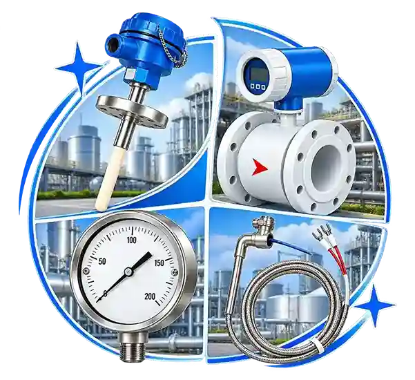 Factory-certified industrial instruments including RTD sensor, thermocouple, electromagnetic flow meter, pressure gauge, temperature gauge and water meter