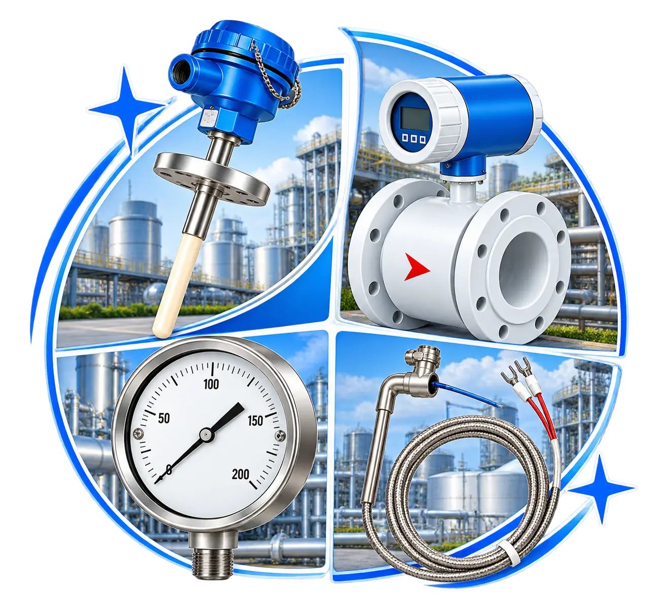 Factory-certified industrial instruments including RTD sensor, thermocouple, electromagnetic flow meter, pressure gauge, temperature gauge and water meter