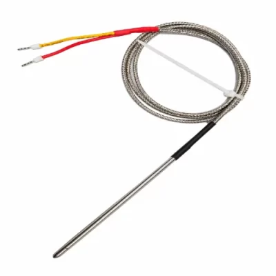 Stainless steel braided thermocouple temperature probe with two electrical leads.